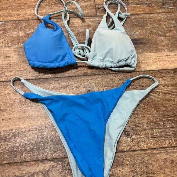 SHEIN Women's Vacation Blue Two Toned Tie Strappy String Beach Large Bikini Set - Picture 1 of 3